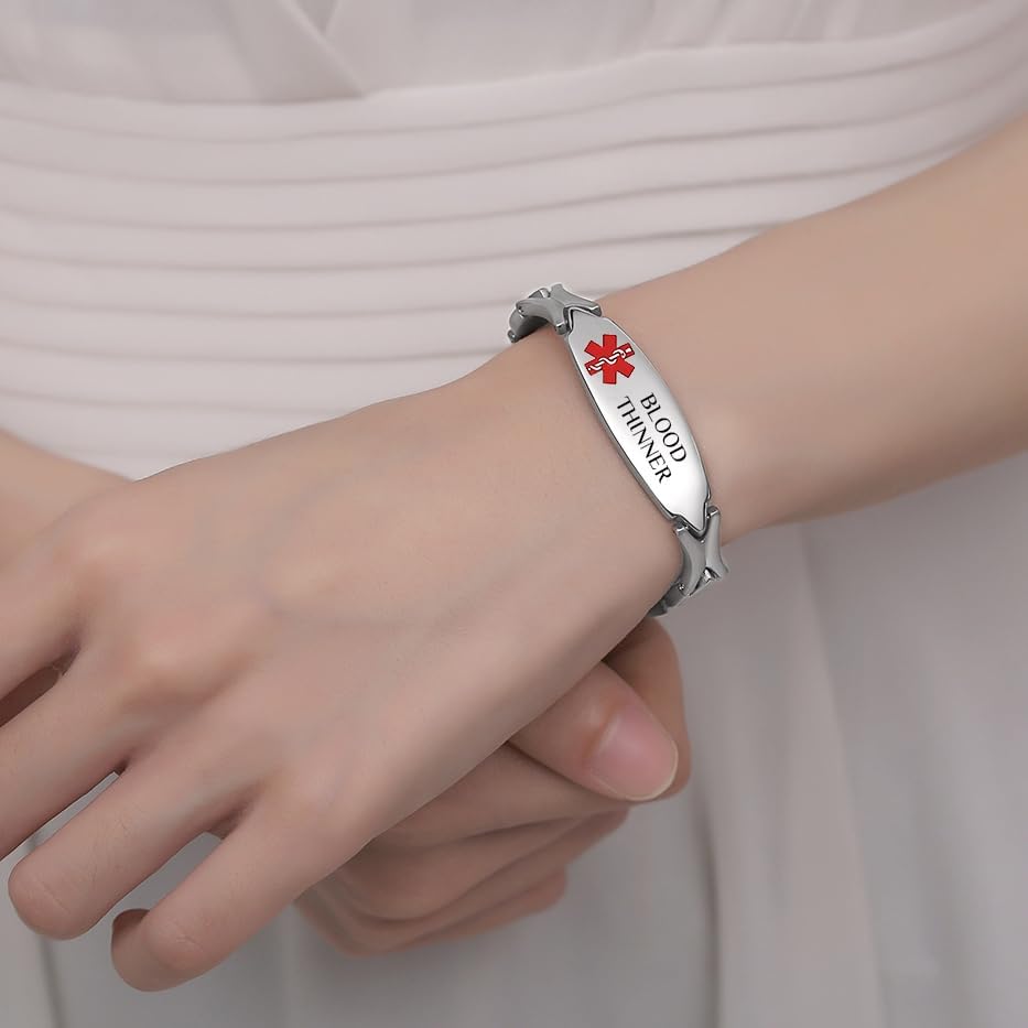 LinnaLove 7 1/2 inch Medical Alert Bracelets for women Stainless Steel Fashion Medical Bracelets Personalized Engraving