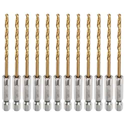 HARFINGTON 12pcs 7/64" Hex Shank Drill Bits 1/4" Titanium Drill Bits Set M35 High Speed Steel Twist Drill Bit 85mm Long Fully Ground for Wood, Stainless Steel, Metal, Plastic Plastic