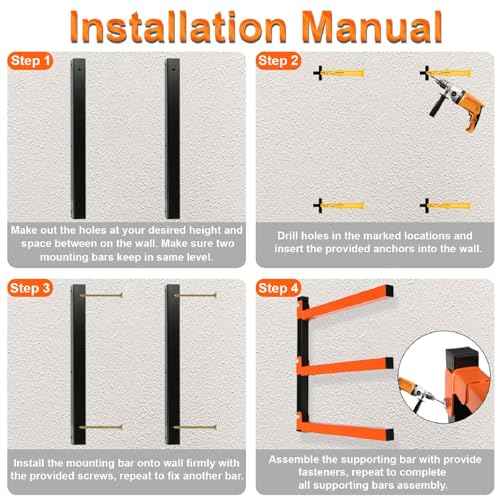 3-Level Lumber Storage Heavy Duty Metal Wall Mount, Wood Tool Box Organizer Rack, Workshop Indoor & Outdoor (4 Pack)