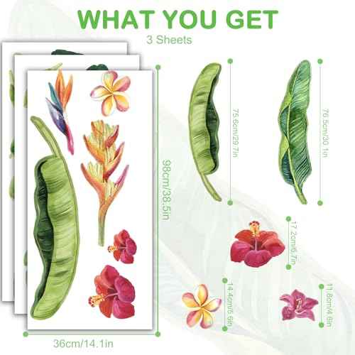 Giant Tropical Palm Leaf Wall Decals Peel and Stick - Large Tropical Green Leaves Flowers Wall Stickers Removable - Vinyl Jungle Wall Decal Decor for Living Room Bedroom Bathroom