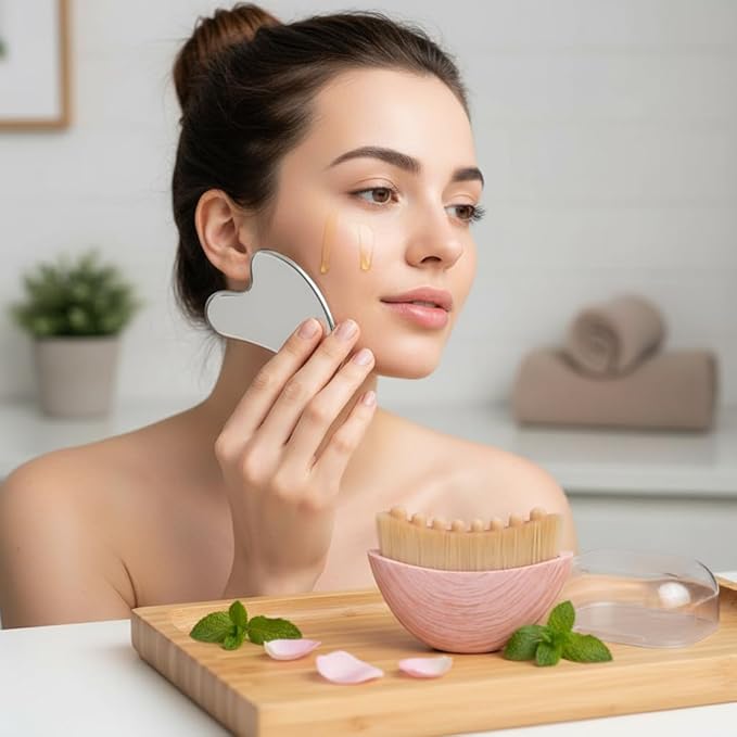 Lymphatic Contour Face Brush with Stainless Steel Gua Sha Tool - 1 Pcs Lymphatic Face Brushes with GuaSha Tool for Sculpting | Gua Sha Facial Tools | Facial Brush for Lymphatic Drainage Brushes (Pink)