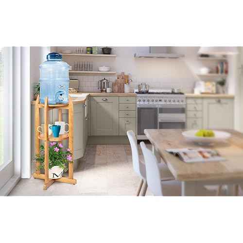 Natural Solid Wood Water Dispenser Stand (32.8"Hight-11.2"Wide) Ceramic Water Dispenser Floor Stand, 5 Gallon Water Jug Stand with 2 Round Shelfs Included for 1-5 Gallon Water Bottles/Crocks/Water Jug