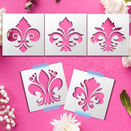 Fleur De Lis Stencil Set of 5 ? 12x12 Reusable Plastic Templates in Large & Small Sizes for Elegant Home Decor, Furniture, Walls & DIY Crafts