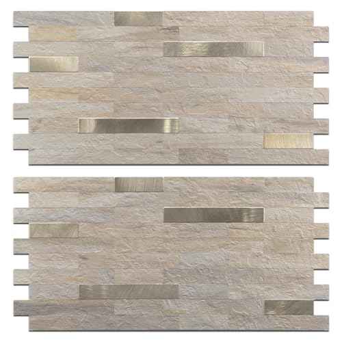 2 Sheets Kitchen Peel and Stick Backsplash Tiles, Beige with Metal Gold Look Stick on Backsplash for Kitchen, RV, Fireplace