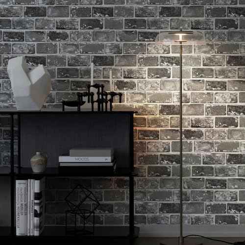 GaliGali Black and Silver Brick Wallpaper, Peel and Stick Wallpaper, Self-Adhesive Classic Antique Texture Rock Wall Paper, Removable Contact Paper for Home Decoration 17.3"x118", No.A07020J-3
