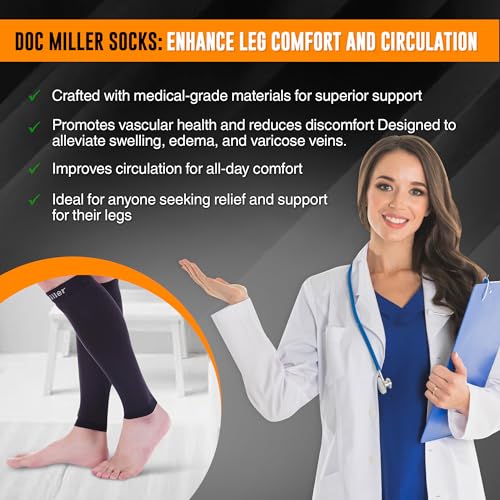 Doc Miller - Compression Calf Sleeve for Petite Men & Women, Medical Grade, 20-30mmHg Graduated Support for Running, Calf Tear, Shin Splints, Knee High, Black Calf Sleeves, Medium Size, 1 Pair, Petite