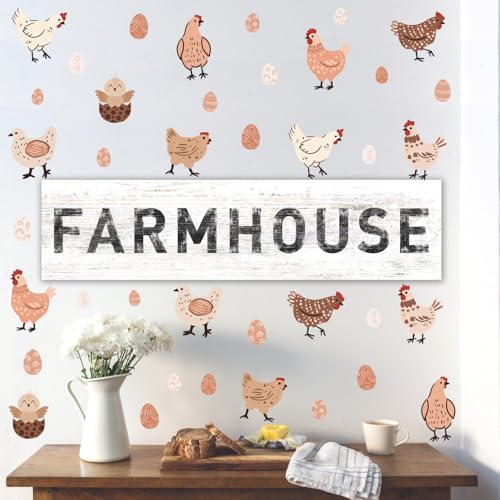 Boho Hens Chicken Wall Stickers, Rustic Chick Eggs Vinyl Wall Decals, Removable Funny Farm DIY Wall Art for Kitchen Playroom Farmhouse Decor
