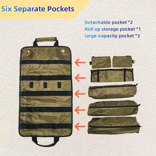Roll Up Tool Bag,Portable Rollup Toolbag,Foldable Rollup organizer,Tool Organizer with 6 Detachable Pouches,Perfect for Engineers,Hobbyist,Men's gift and Engineer's gift (khaki)