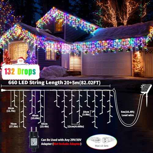 Solar Christmas Lights Outdoor, 66+16Ft 660LED Multicolor & Cool White Dual Color Changing Icicle Lights 2400mAH Connectable Rechargeable Dimmable Remote 8 Modes for Xmas House Roof Holiday Party