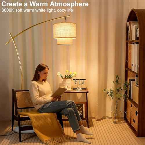 Lightdot Arc Floor Lamp for Living Room, Modern Standing Tall Lamps with Double Linen Lampshade, Tall Hanging Pole Lamp with Stable Metal Base & Foot Switch for Bedroom Home Office-Gold