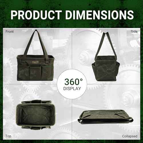 Tool Bag with Metal Frame, Waxed Canvas Wide Open Top Tool Tote Bag with 7 External Pockets, 13.5 x 7.8 x 7.8 Inches (ArmyGreen)