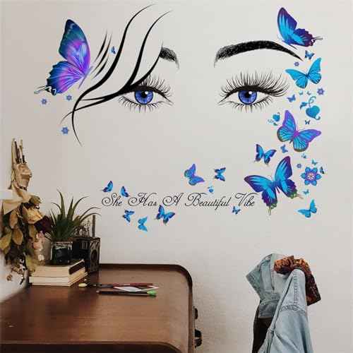 Blue Eyelash Eyes Butterfly Wall Stickers, sacinora Inspirational Quotes Motivational Word DIY Wall Decals Removable Vinyl Peel and Stick for Girls Women Kids Living Room Bedroom Nursery Art Decor
