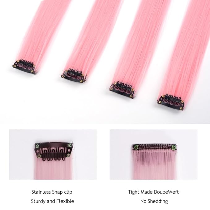 Colored Clip in Hair Extensions 20Inch Straight Syntactic Pink Color Hairpiece Rainbow Party Highlights for Women 16Pcs (Pink Ã¢ÂÂ¡)