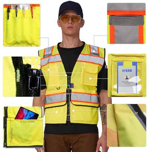 A-SAFETY High Vis Reflective Safety Vest for Men Women Zipper Ipad Pockets Mesh Construction Apparel Neon Vest for Work