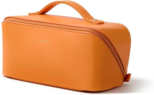 EACHY Travel Makeup Bag, Large Capacity Cosmetic Bag for Women, Waterproof PU Leather, Flat Open Portable Toiletry Bag for Skincare, Brushes & Travel Essentials