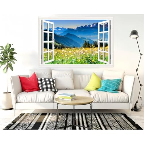 3D Self-Adhesive Painting Fake Window Wall Stickers Tropical Island with Palm Trees Wall Mural Window View Wall Decor for Home (O, 27.6"¡¿17.3")