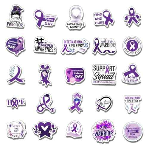 50 Pack Pcs Epilepsy Awareness Month Stickers for Water Bottles Waterproof Vinyl Laptop Luggage Purple Ribbon Inspirational Sticker Packs Bulk Teens Adults Aesthetic Small Decals