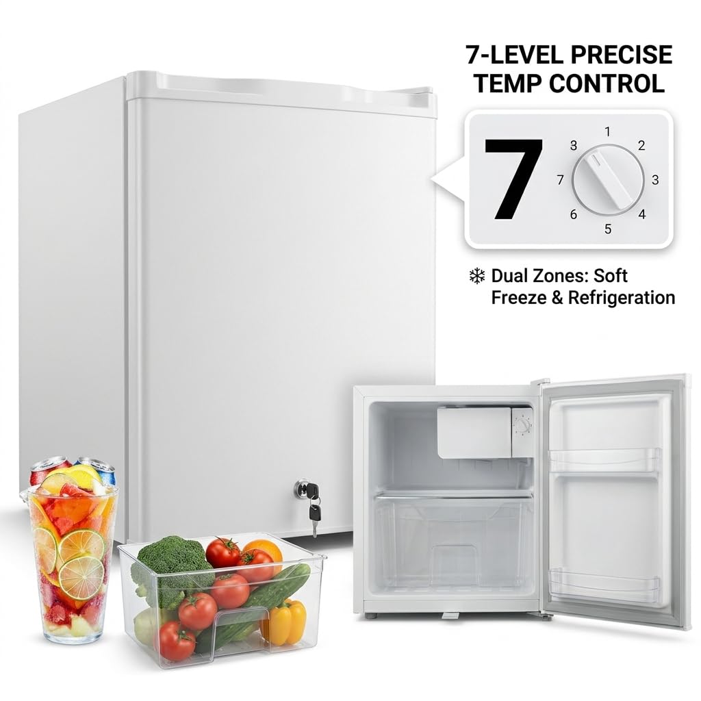 Casanta 50L. Mini Fridge with Lock and Key, Compact Refrigerator with Chiller Compartment, Quiet Energy Efficient Small Fridge for Dorm, Bedroom, Office, RV, Garage - White