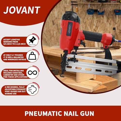 Pnumatic Finish Nailer,16Gauge nail Gun Acepts 3/4 Inch up to 2-1/2 Inch finish Nails.Brad Nailer Gun Can Hit Hardwood Ideal for Upholstery, Woodworking Door (Include portable bag)