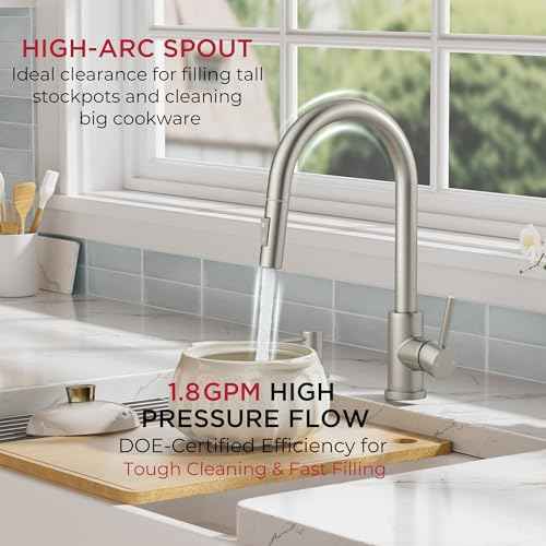 FORIOUS Kitchen Faucet with Pull Down Sprayer, Classic Single Hole Kitchen Sink Faucet with Deck Plate, Brushed Nickel Single Handle, High Arc Stainless Steel for RV Bar Farmhouse Laundry Outdoor