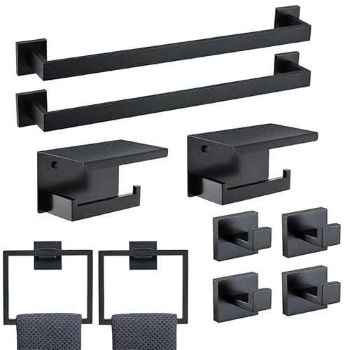 10-Piece Bathroom Hardware Set - Matte Black SUS304 Stainless Steel Wall-Mounted Towel Bar, Holder & Racks, 23.6 Inch