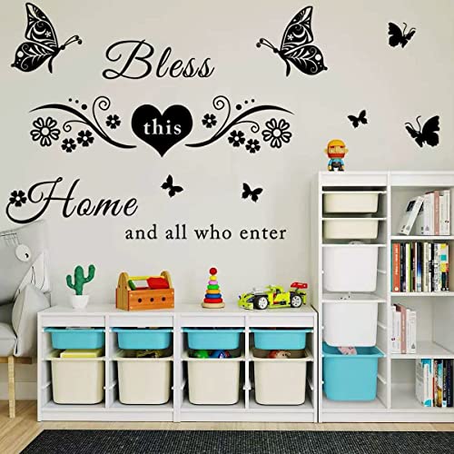 Vinyl Wall Stickers Quotes Art Decal Sticker Bless This Home and All Who Enter Wall Decals Flowers Butterfly Wall Decor Sticker for Entryway Living Room Home Decor
