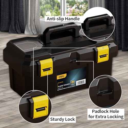 Deli Tool Box, 18 in Portable Toolbox,Plastic Tool Box with Handle,Double Locking Tool Storage Box with Removable Tray,Heavy Duty Toolbox Organization for Home, Workbench and Garage