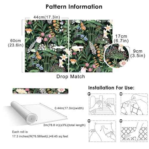 Tomete Boho Vintage Peel and Stick Wallpaper, Floral Wallpaper, Dark Green Black Flower Contact Paper for Cabinets and Drawers, Retro Renter Friendly Sticker, Waterproof, Self Adhesive, Removable