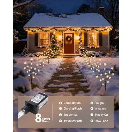 Brightown Snowflake Lights Outdoor Pathway, 8 Packs Lighted Branches Christmas Yard Decor, Small Christmas Tree with Lights, Twig Branch Light Outdoor Christmas Decorations Yard, Warm White