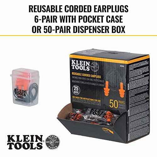Klein Tools 6050350 Corded Earplugs, 25dB NRR, Reusable Orange Ear Protection in Dispenser for Construction, Loud Noise Reduction, 50-Pack