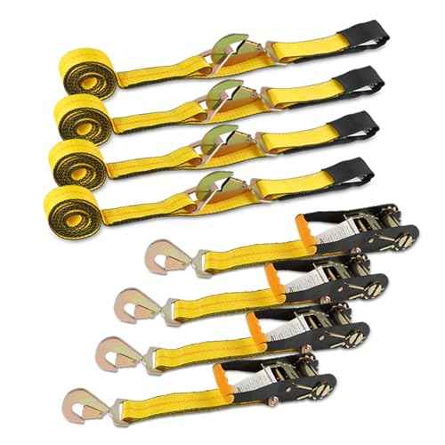 Heavy Duty 4-Pack Axle Tie Down Straps for Trailers - 2" x 114" Car Hauler Straps with Snap Hooks - 10,000 lbs Break Strength, 3300 lbs Capacity - DOT Certified Wheel Tie Downs (Yellow)