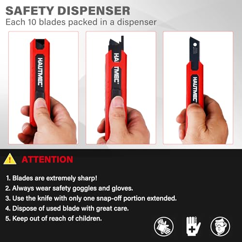 HAUTMEC 10PC 9mm Industrial Utility Knife Blades, SK2H Steel Box Cutter Replacement Rustproof Blades - for Warehouse/DIY/Light Maintenance Bottom Snap-Off & Recycling Box 25007