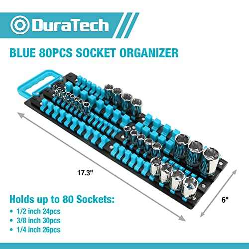 DURATECH Socket Organizer, 80-Piece Portable Socket Holder with Handle, ABS Sockets Tray Wall and Tool Cart Mounted, 1/4", 3/8", 1/2" Drive, Blue(Socket not Included)