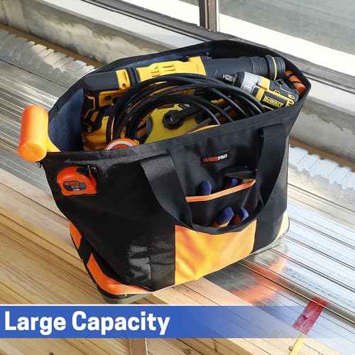 Tool Tote Bag, Open Top Tool Bag with Waterproof Hard Bottom and Shoulder Straps, Electrician Tool Bag Organizer Storage for HVAC Plumber Mechanic Automotive