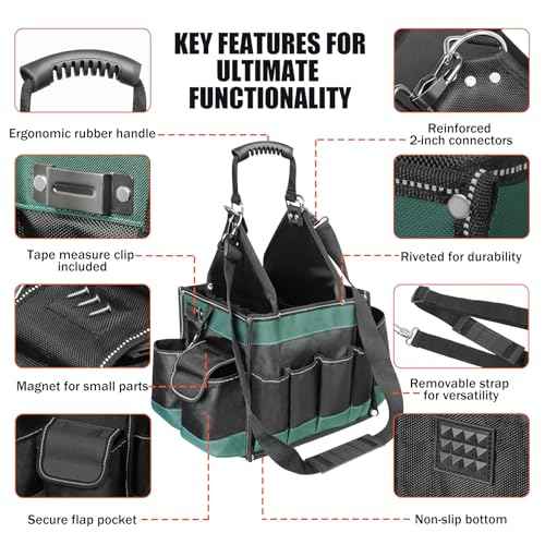 Open Top Tool Bag 15 Inch, Electrician Tool Bag with 22 Pockets, 25L Tool Bags for Men with Shoulder Strap & Reflective Strips, 1680D Waterproof Fabric, Green