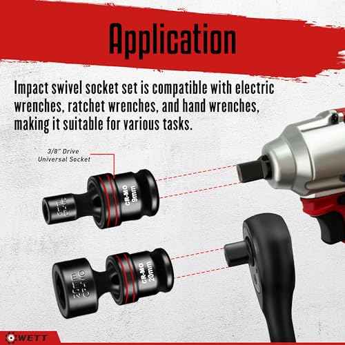 WETT 15-Piece 3/8" Drive Shallow Impact Universal Joint Socket Set, Metric Swivel Socket Set (8-22mm), Flexible Wobble Sockets, 6 Point, CR-MO Steel