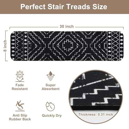 OJIA Boho Stair Treads Non-Slip Stair Runners for Wooden Steps Indoor 15PCS 30"x8" Washable Carpet Stair Treads Stair Mats Staircase Step Treads for Kids, Elders and Dogs, Stair Covers, Black