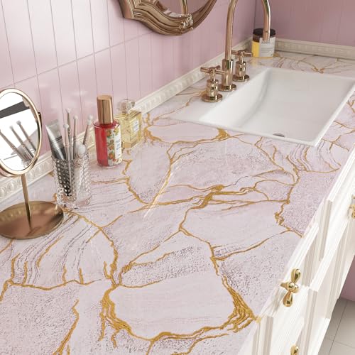 LACHEERY Pink and Gold Marble Contact Paper for Countertops Waterproof Glossy Pink Marble Wallpaper Peel and Stick Countertops Kitchen Vinyl Wrap for Countertop Cabinets Counter Top Covers 15.8"x79"