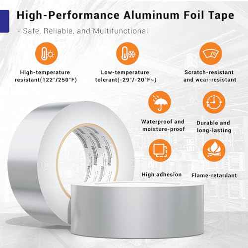PowerScale Aluminum,Tape 2 inch x (66 Feet 22YD) 3.9 Mil,High Temperature Aluminum Foil Tape,Duct Tape for HVAC, Metal Repair, Cold Air Ductwork,Sealing,Patching,Reflective Foil Tape, Silver
