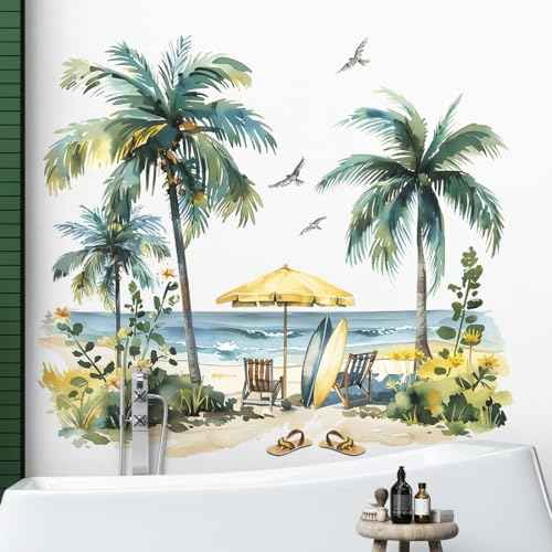 Tropical Palm Tree Wall Stickers Peel and Stick Summer Beach Wall Decals Large Sea Waves Beach Chairs Wall Art Decal for Living Room Bedroom Offiice Sofa TV Background Decor