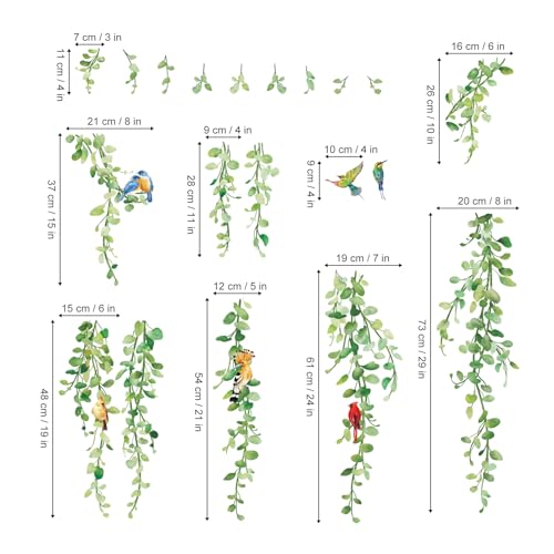 wondever Hanging Vines Wall Stickers Plants Green Leaves Birds Peel and Stick Wall Art Decals for Living Room Bedroom Sofa TV Background Office