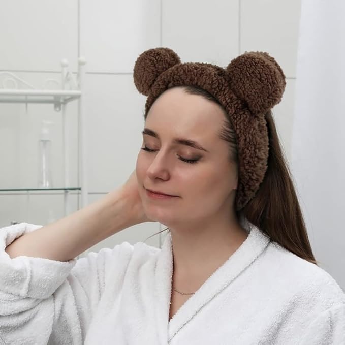 Huachi Bear Ears Headbands for Women Face Washing Spa Makeup Hair Bands Korean Elastic Fluffy Beauty Accessories, Brown