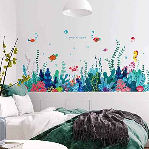 Removable 3D Under The Sea View Grass Wall Decal - DIY Ocean Coral Seaweed Stickers Murals - Peel and Stick Home Decor for Kids Bedroom, Bathroom, Girl Nursery Corner Decoration