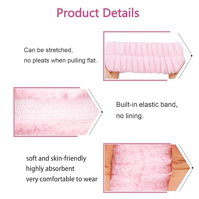 5 Pcs Spa Headbands for women and girls face washing, makeup, facial skin care, fluffy sponge SPA hairband bow hairband hairpin wristband set. (pink)
