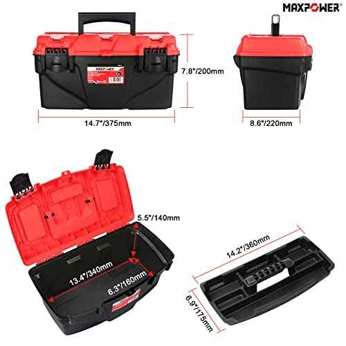 MAXPOWER Tool Box 15-Inch, Plastic Tool Boxes with Removable Tray & Dual Lock Secured For Home