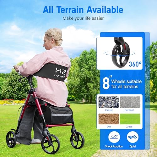 Walkers for Seniors with Seat, Foldable Rolling Walker with Durable Aluminum, Dual Adjustable Height Rolling Walker, 8" Wheels for Adults, All Terrain rollator| Jujube Red