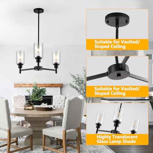 9MMML Farmhouse 3-Light Glass Chandelier, Modern Black Chandelier for Kitchen, Dining Room, Living Room, Foyer, E26 Bulb Base