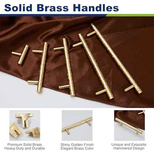 6-Pack Solid Brass Kitchen Cabinet Pulls, Gold Modern T-Bar Handles, 6-5/16-Inch Hole Center Hammered Handles for Dresser Drawer Cupboard, 8-1/8 Inch Total Length, Polished Finish