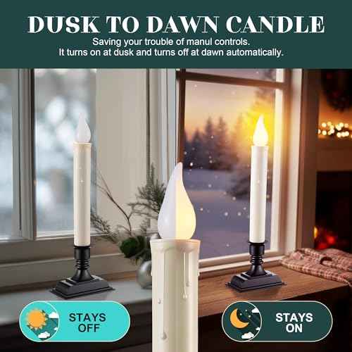 Enhon 18 Pack Battery Operated LED Window Candles, Dusk to Dawn Light Sensor, with Black Holders and Suction Cups, Ivory Christmas Window Candles, Amber Flicker Flame (Batteries AA Included)