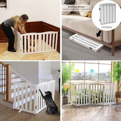 ZJSF Foldable Freestanding Indoor Dog Gate for House Wood White Long Pet Gates Dog Fence for Stairs Puppy Gates for Hallways,Pet Fence, Puppy Gate,Support Feet Included 24 "Height-3 Panels